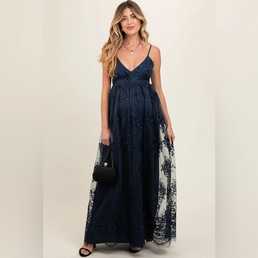 Pinkblush navy embroidered lace formal maxi dress nwt